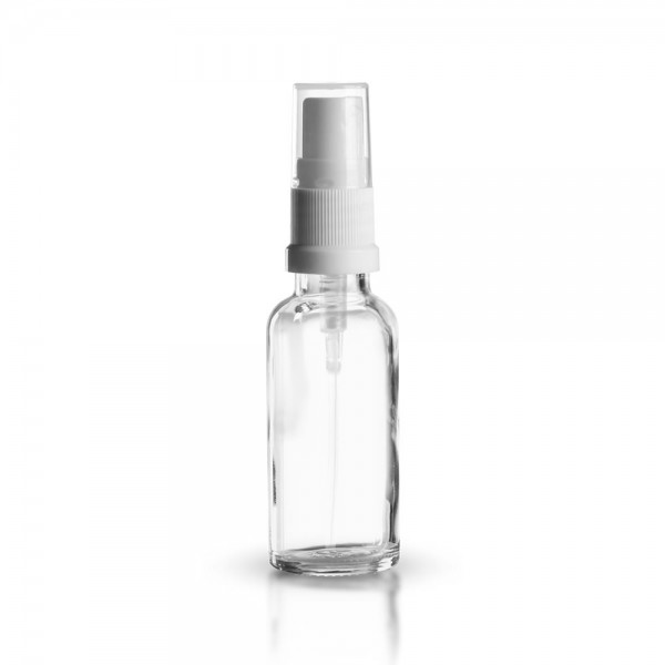 Klare 30ml Glasflasche mit weißem Pumpzerstäuber
