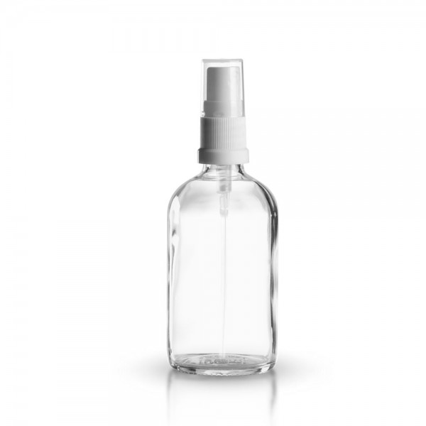 Klare 100ml Glasflasche mit weißem Pumpzerstäuber